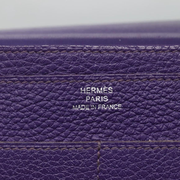 HERMES Dogon GM Wallet Leather Purple Silver Auth hk2954