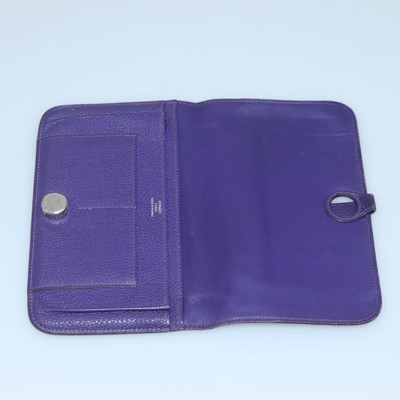 HERMES Dogon GM Wallet Leather Purple Silver Auth hk2954