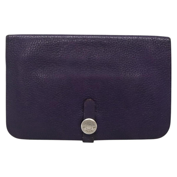 HERMES Dogon GM Wallet Leather Purple Silver Auth hk2954