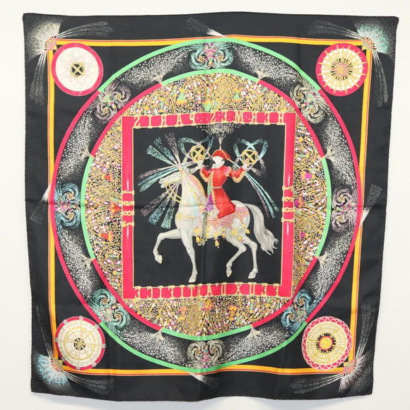 HERMES Carre 90 Scarf ""FEUX D' ARTIFICE"" Silk Black Auth hk2955