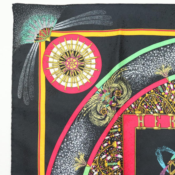 HERMES Carre 90 Scarf ""FEUX D' ARTIFICE"" Silk Black Auth hk2955
