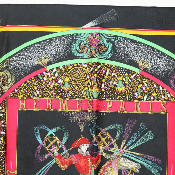 HERMES Carre 90 Scarf ""FEUX D' ARTIFICE"" Silk Black Auth hk2955