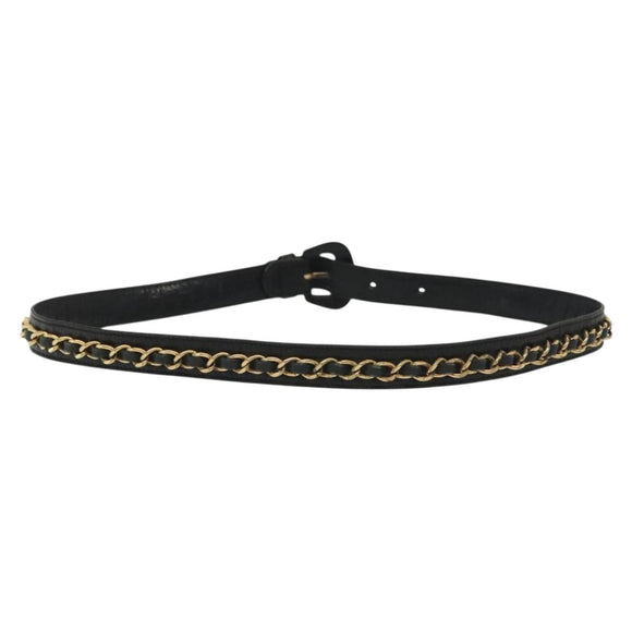 CHANEL Chain Belt Leather 34.6"" Gold Black CC Auth hk2962