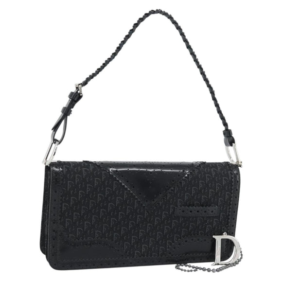 Christian Dior Trotter Canvas Shoulder Bag Black Silver Auth hk2968A
