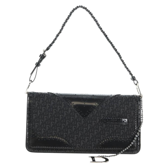 Christian Dior Trotter Canvas Shoulder Bag Black Silver Auth hk2968V