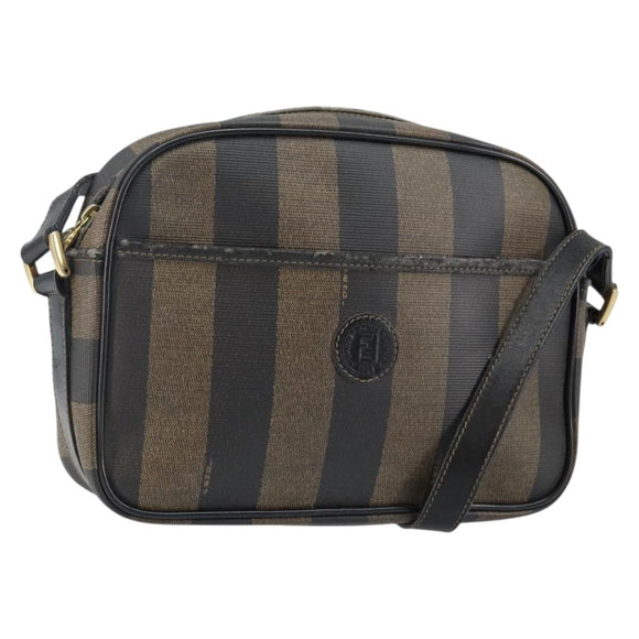 FENDI Pecan Canvas Shoulder Bag PVC Black Brown gold Auth hk2973