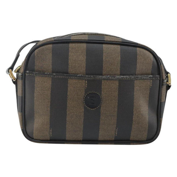 FENDI Pecan Canvas Shoulder Bag PVC Black Brown gold Auth hk2973