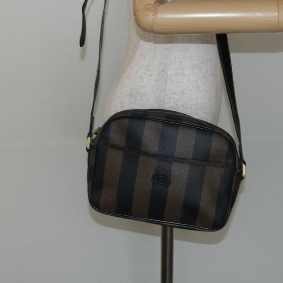 FENDI Pecan Canvas Shoulder Bag PVC Black Brown gold Auth hk2973
