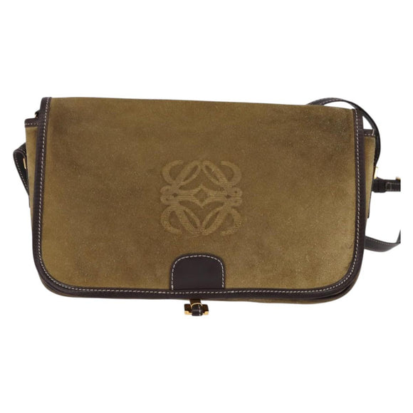 LOEWE Anagram Shoulder Bag Suede Leather Beige Gold Auth hk2979