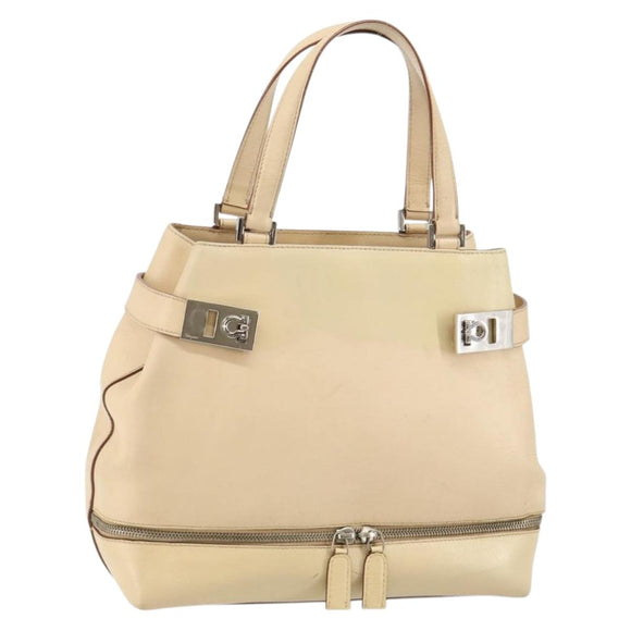 Salvatore Ferragamo Gancini Hand Bag Leather Beige Silver Auth hk2982