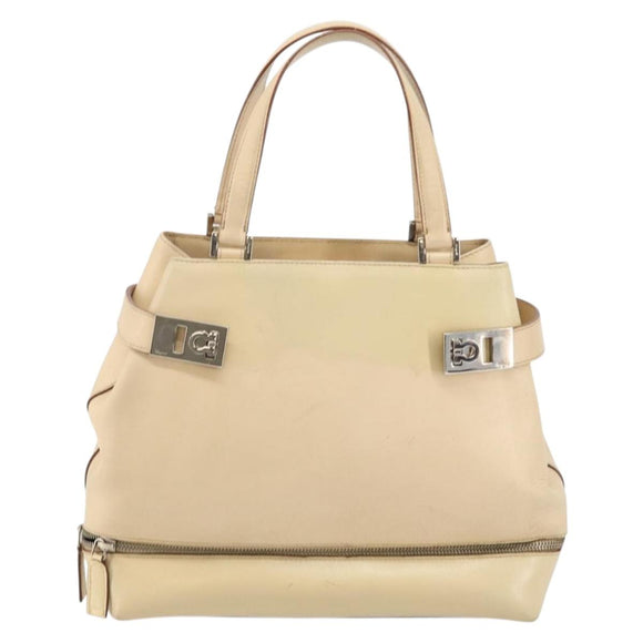 Salvatore Ferragamo Gancini Hand Bag Leather Beige Silver Auth hk2982
