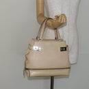 Salvatore Ferragamo Gancini Hand Bag Leather Beige Silver Auth hk2982-21