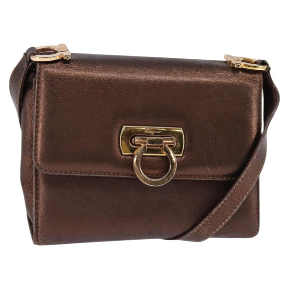 Salvatore Ferragamo Gancini Shoulder Bag Leather Brown Gold Auth hk2983