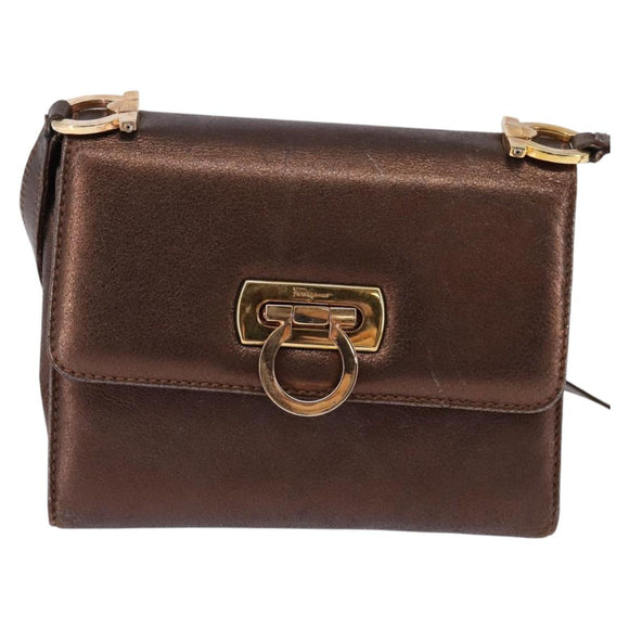 Salvatore Ferragamo Gancini Shoulder Bag Leather Brown Gold Auth hk2983