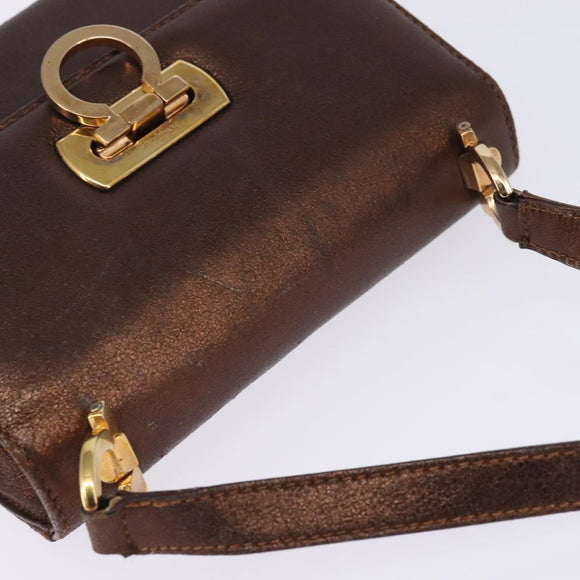 Salvatore Ferragamo Gancini Shoulder Bag Leather Brown Gold Auth hk2983