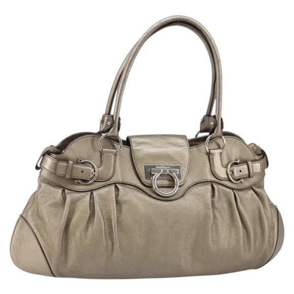 Salvatore Ferragamo Gancini Tote Bag Leather Champagne Gold Auth hk2984