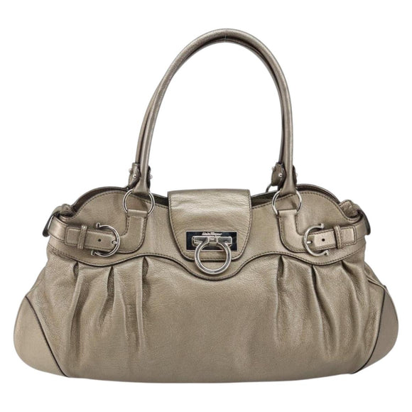 Salvatore Ferragamo Gancini Tote Bag Leather Champagne Gold Auth hk2984