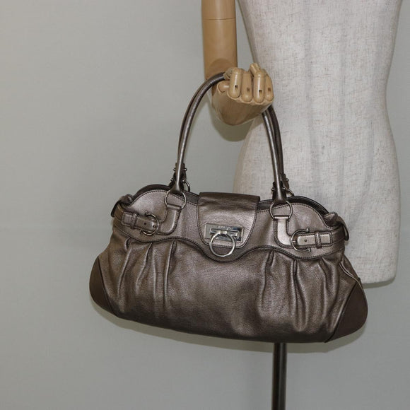 Salvatore Ferragamo Gancini Tote Bag Leather Champagne Gold Auth hk2984