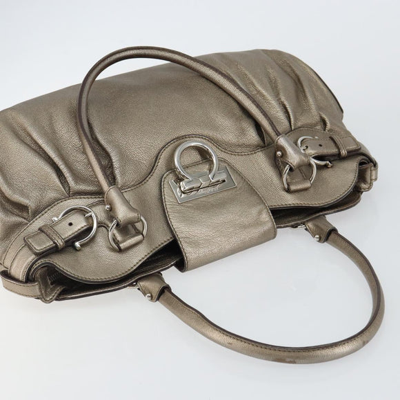 Salvatore Ferragamo Gancini Tote Bag Leather Champagne Gold Auth hk2984