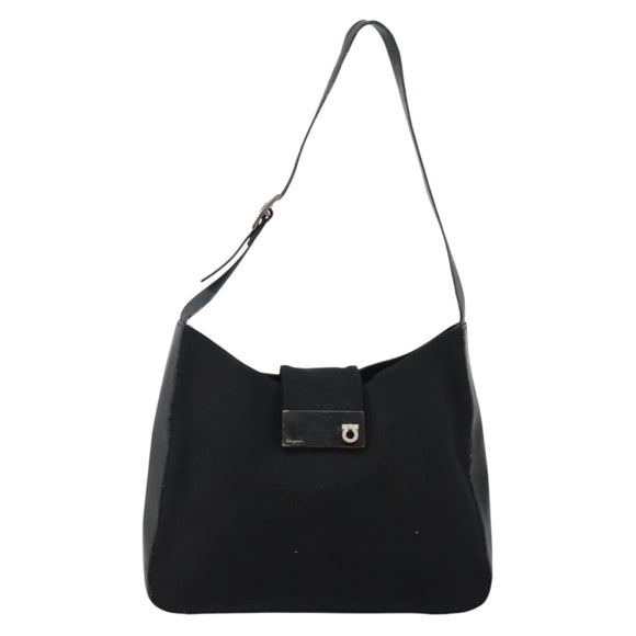 Salvatore Ferragamo Gancini Shoulder Bag Nylon Black Silver Auth hk2985