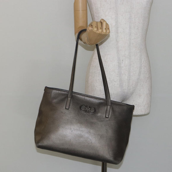Salvatore Ferragamo Gancini Tote Bag Leather Beige Silver Auth hk2986