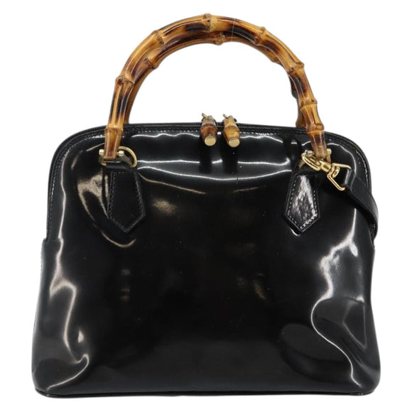 GUCCI Bamboo Hand Bag Enamel 2way Black Gold 000 58 0290 Auth hk2996