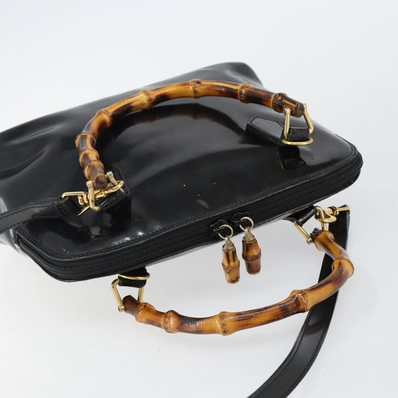 GUCCI Bamboo Hand Bag Enamel 2way Black Gold 000 58 0290 Auth hk2996