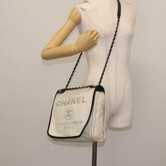 CHANEL Deauville line Chain Shoulder Bag Straw White Silver CC Auth hk3000