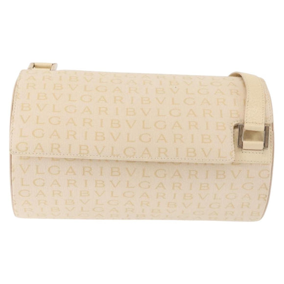 BVLGARI Logo Mania Shoulder Bag Canvas Beige Silver Auth hk3003