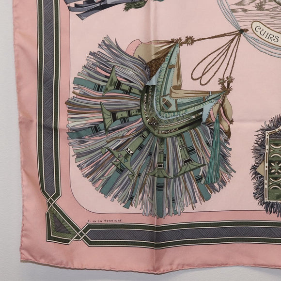 HERMES Carre 90 Scarf ""CUIRS DU DESERT"" Silk Pink Auth hk3011
