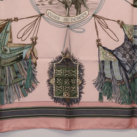 HERMES Carre 90 Scarf ""CUIRS DU DESERT"" Silk Pink Auth hk3011
