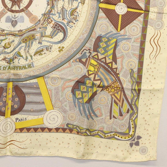 HERMES Carre 90 Scarf ""REVE D'AUSTRALIE "" Silk Yellow Auth hk3014