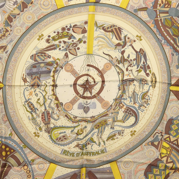 HERMES Carre 90 Scarf ""REVE D'AUSTRALIE "" Silk Yellow Auth hk3014