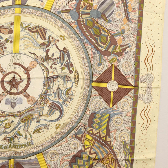 HERMES Carre 90 Scarf ""REVE D'AUSTRALIE "" Silk Yellow Auth hk3014