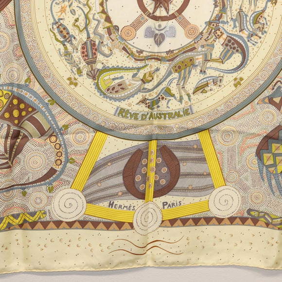 HERMES Carre 90 Scarf ""REVE D'AUSTRALIE "" Silk Yellow Auth hk3014