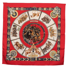 HERMES Carre 90 Scarf ""CHEVAUX DE TRAIT "" Silk Red Auth hk3015