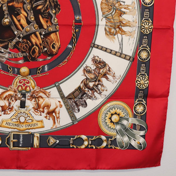 HERMES Carre 90 Scarf ""CHEVAUX DE TRAIT "" Silk Red Auth hk3015
