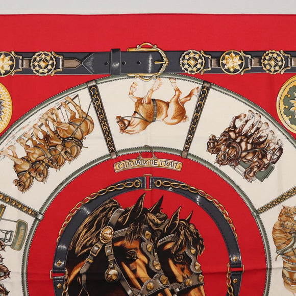 HERMES Carre 90 Scarf ""CHEVAUX DE TRAIT "" Silk Red Auth hk3015