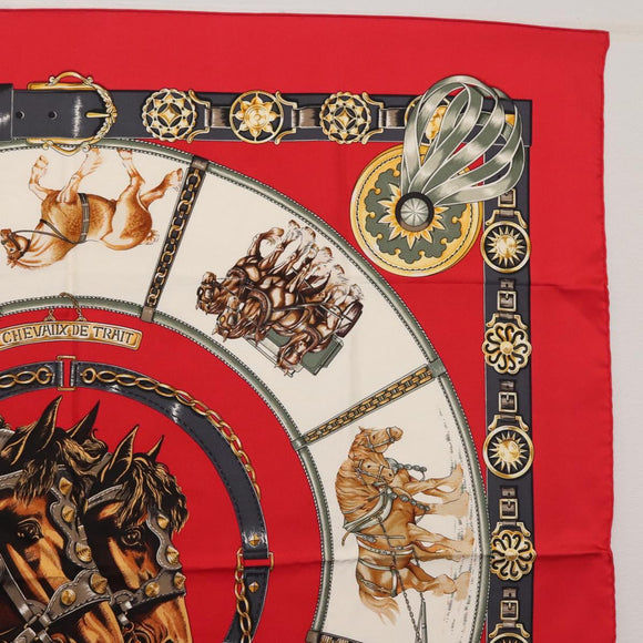HERMES Carre 90 Scarf ""CHEVAUX DE TRAIT "" Silk Red Auth hk3015