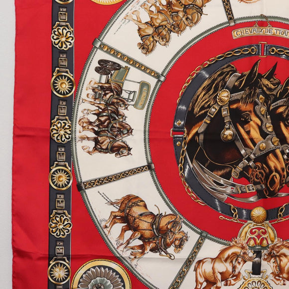 HERMES Carre 90 Scarf ""CHEVAUX DE TRAIT "" Silk Red Auth hk3015