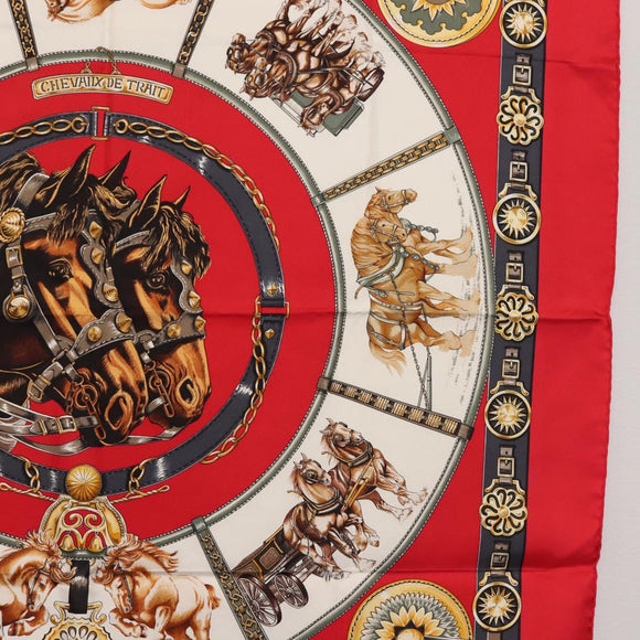 HERMES Carre 90 Scarf ""CHEVAUX DE TRAIT "" Silk Red Auth hk3015