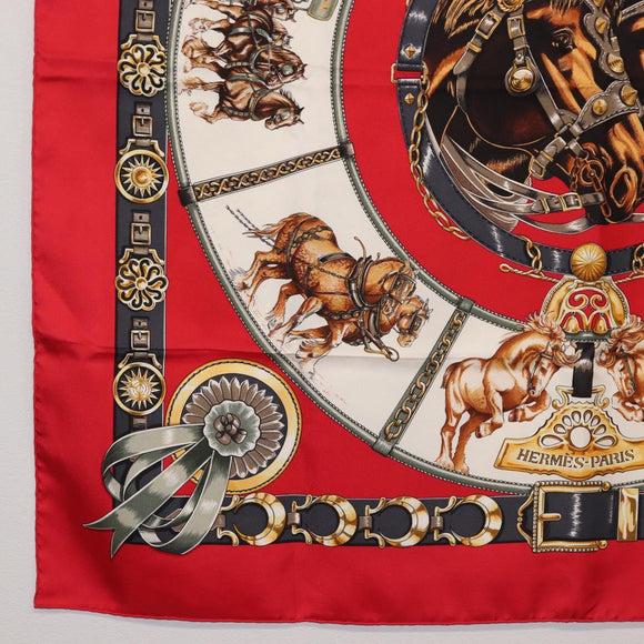 HERMES Carre 90 Scarf ""CHEVAUX DE TRAIT "" Silk Red Auth hk3015