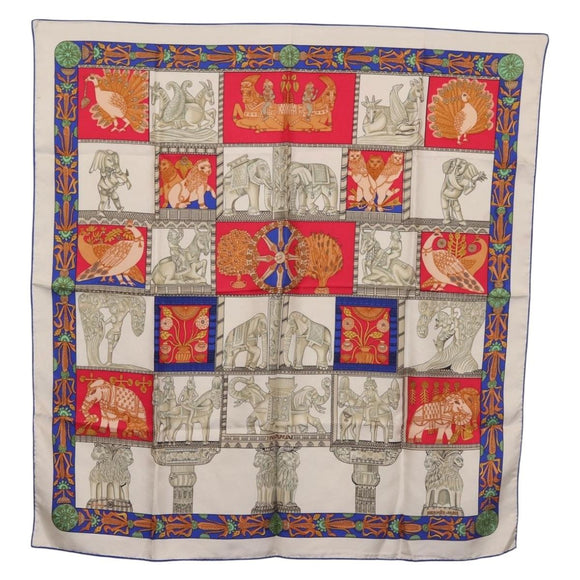 HERMES Carre 90 Scarf ""TORANA"" Silk White Auth hk3016