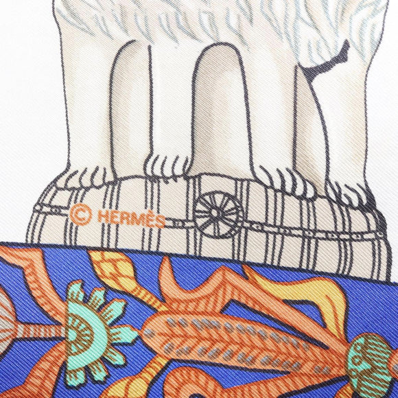 HERMES Carre 90 Scarf ""TORANA"" Silk White Auth hk3016