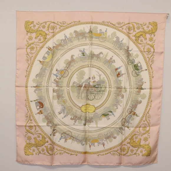 HERMES Carre 90 Scarf ""LA PROMENADE"" Silk Pink Auth hk3017