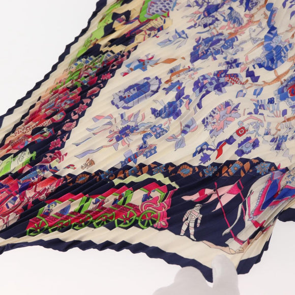 HERMES Pleated Carre 90 Scarf ""fantaisies indiennes "" Silk Navy Auth hk3018