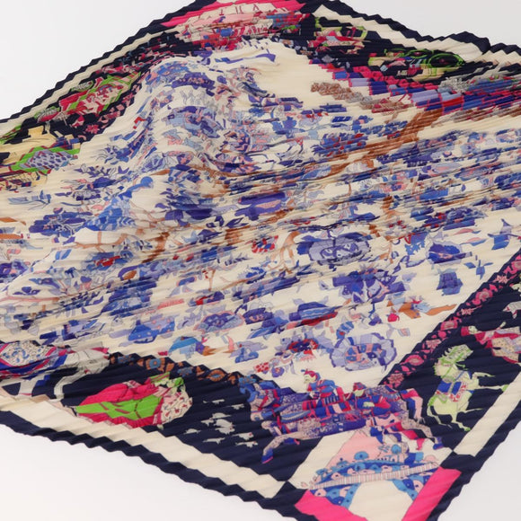 HERMES Pleated Carre 90 Scarf ""fantaisies indiennes "" Silk Navy Auth hk3018