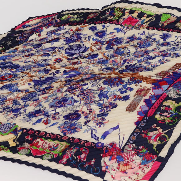 HERMES Pleated Carre 90 Scarf ""fantaisies indiennes "" Silk Navy Auth hk3018