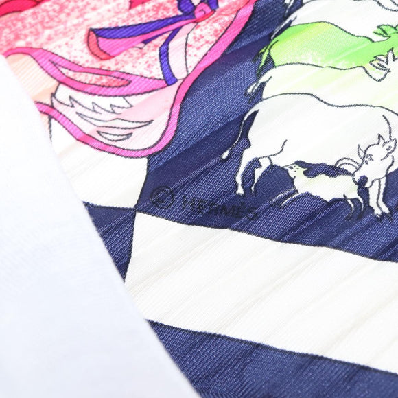 HERMES Pleated Carre 90 Scarf ""fantaisies indiennes "" Silk Navy Auth hk3018