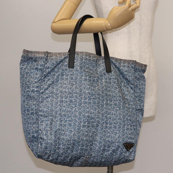 PRADA Tote Bag Nylon Blue Silver Auth hk3057